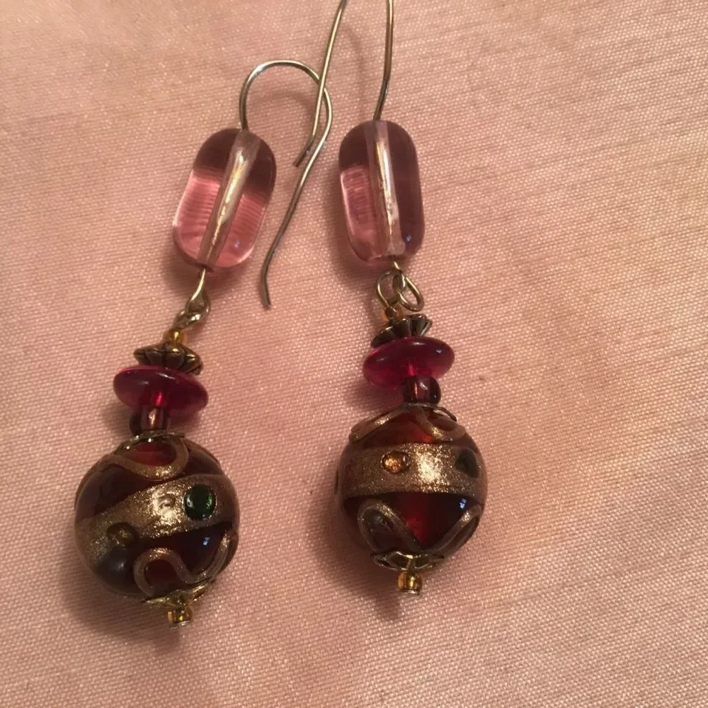 Goldtone Ear Wires w/Red Lamp Work Beads
